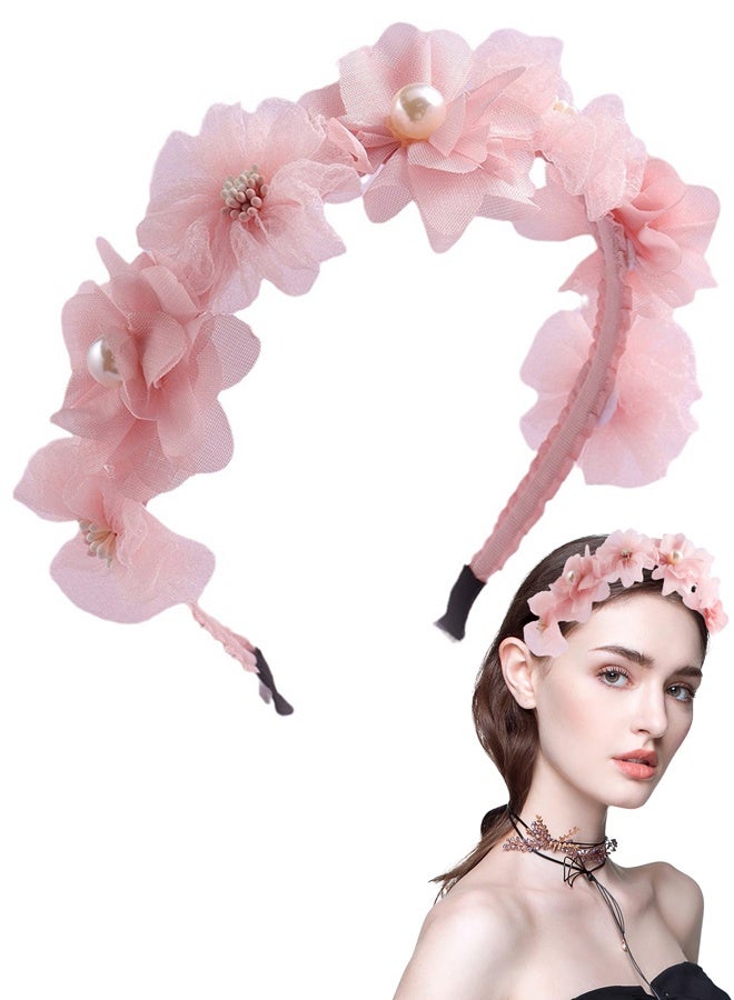 Flower Headband for Girls Pink Rose Floral Head Band with Flowers Elegant Headbands With Pearls For Women Girl Wedding Party Headdress Non Slip Bands - Image 1